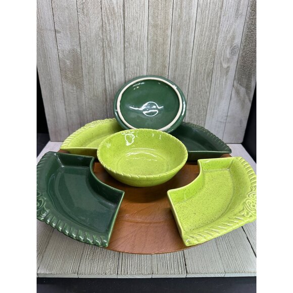Vtg California Pottery Chips N Dip Lazy Susan Light & Dark Green Serving Set USA - Picture 4 of 9